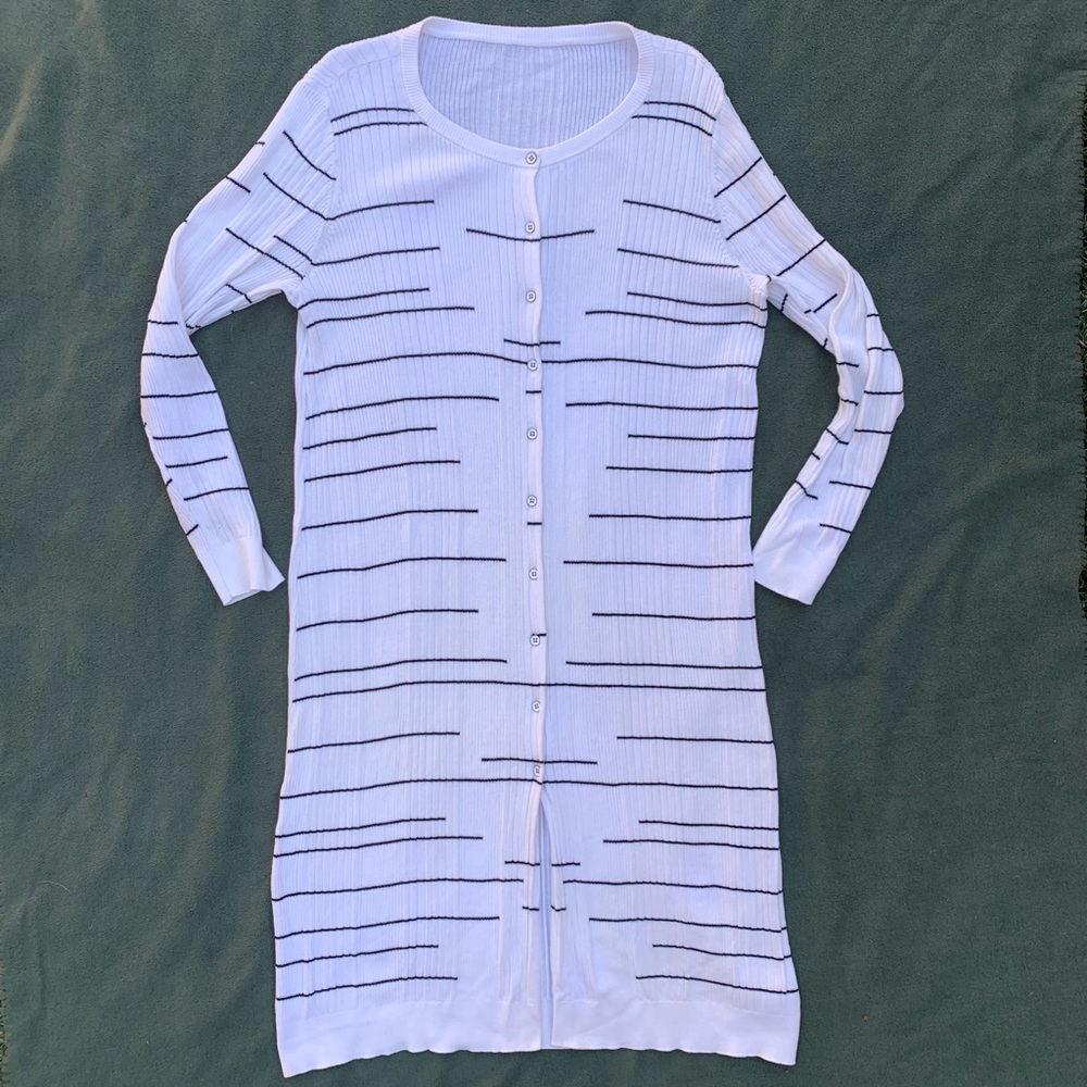 White Duster Length Cardigan with Black Dashes (Cabi)